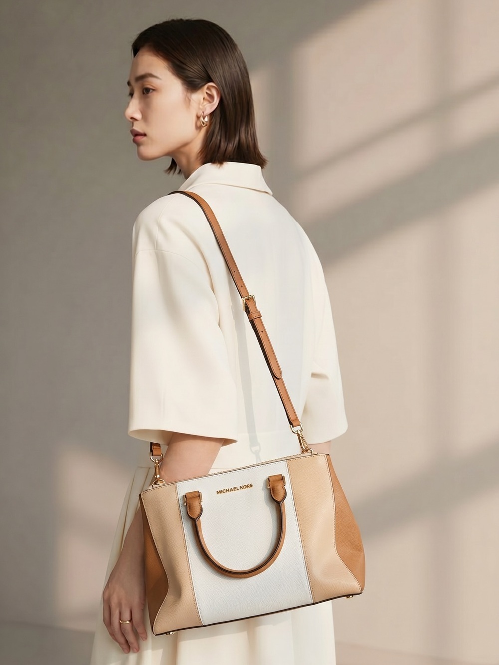 Designer Michael Kors Leather Satchel Bag | Cream & Tan Crossbody Purse